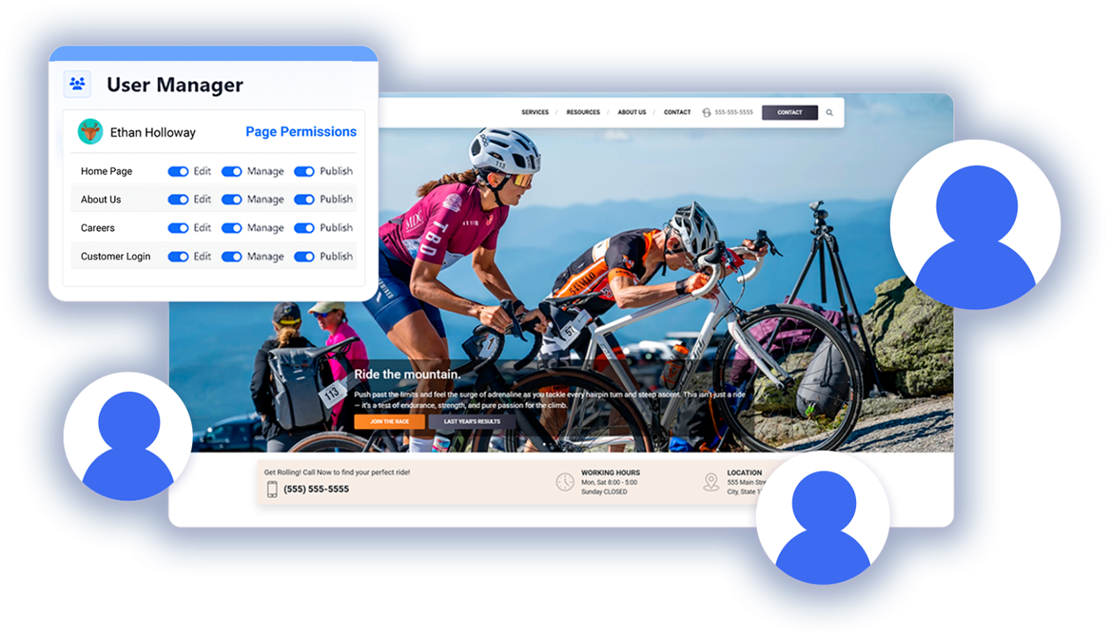 Decorative montage representing the different administrative functions of Mobi CMS
