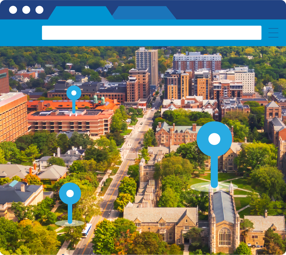 Graphic illustration highlighting aerial video feature of virtual campus tours.