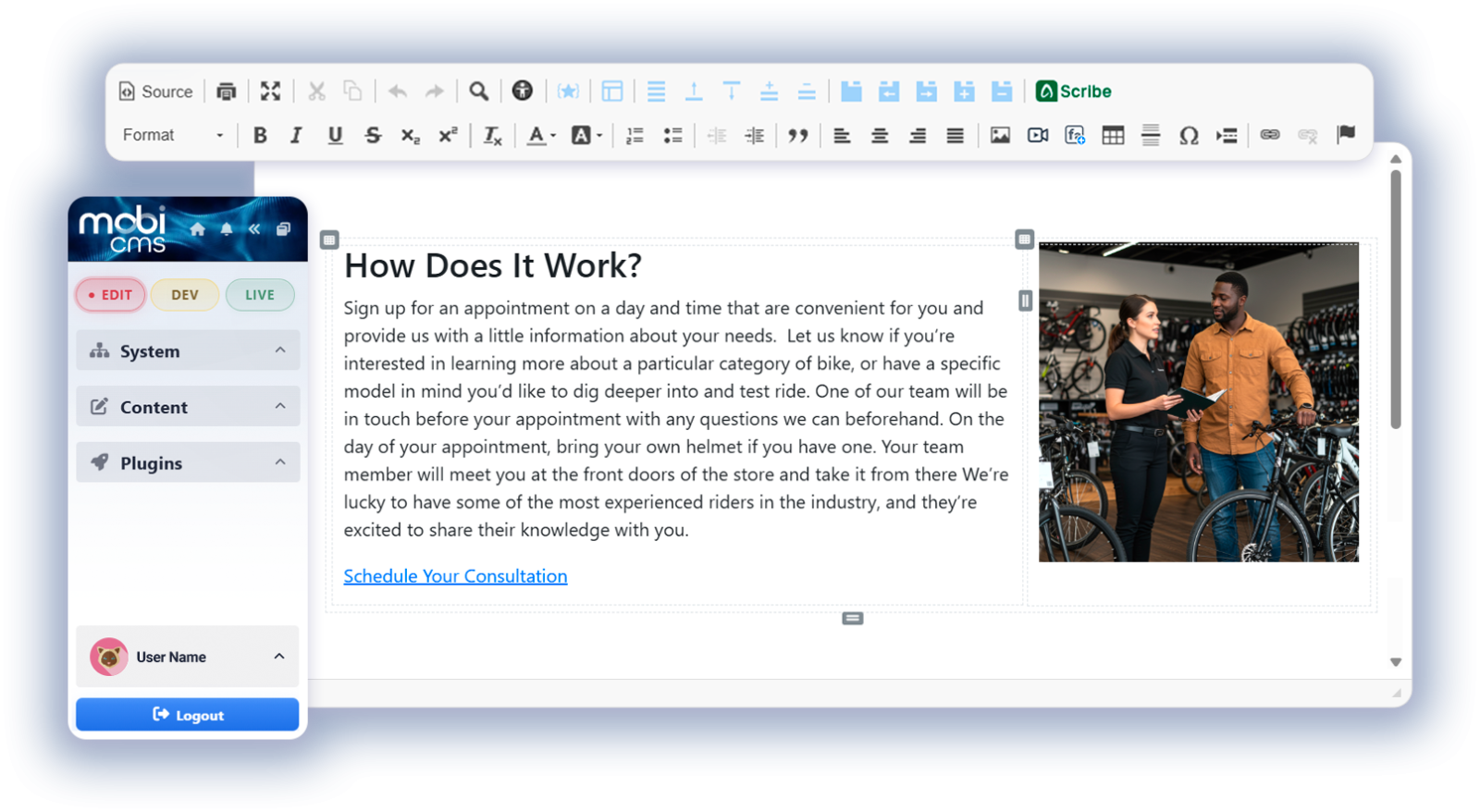 Decorative montage showing the WYSIWYG editing capabilities of Mobi CMS