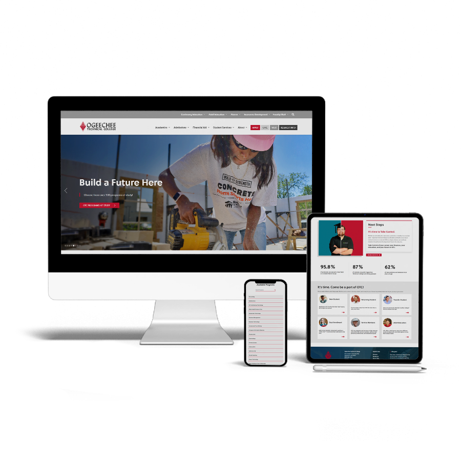 Desktop computer, tablet and phone displaying a responsive website for higher education
