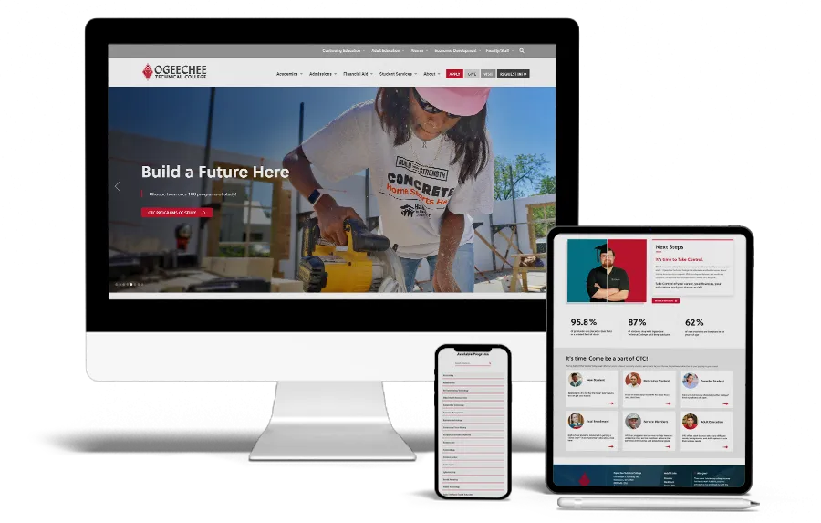 Desktop computer, tablet and phone displaying a responsive website for higher education