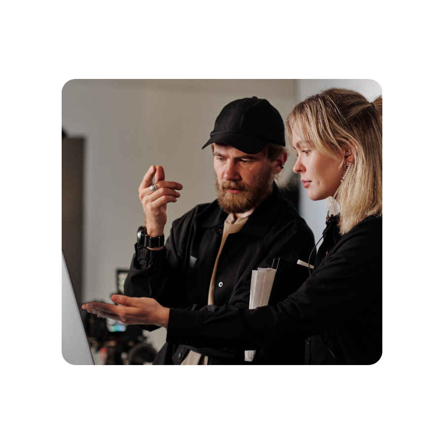 Video director on set working with talent